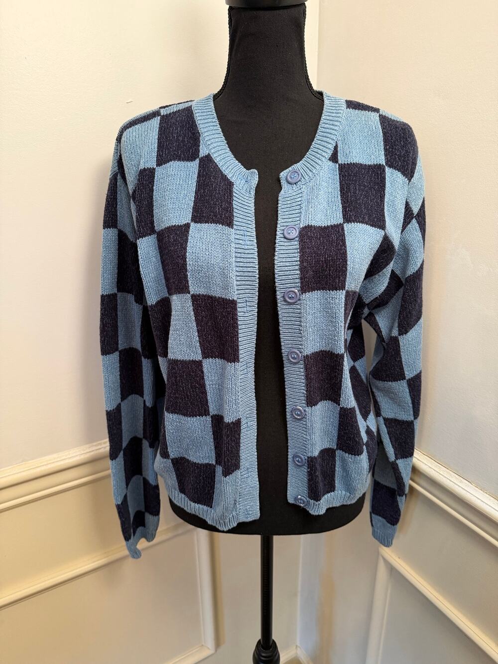 Vintage Liz & Co Checkerboard Knit Cardigan Sweater Blue Y2K Button Up Retro